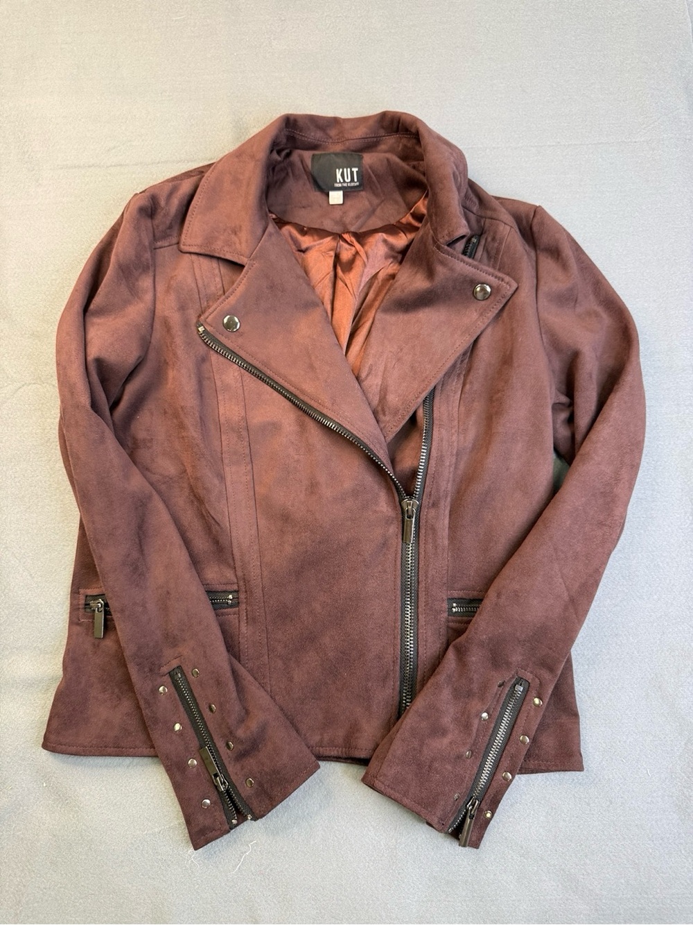 KUT From The Kloth Faux Suede Moto Jacket Burgundy Studded Zip Small